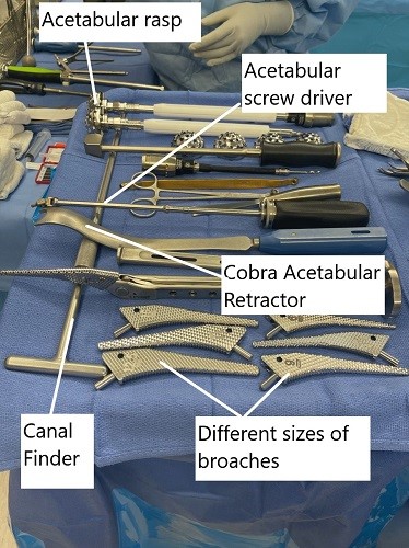Instrumentos utilizados en un reemplazo total de cadera. Instrumentos utilizados en un reemplazo total de cadera.